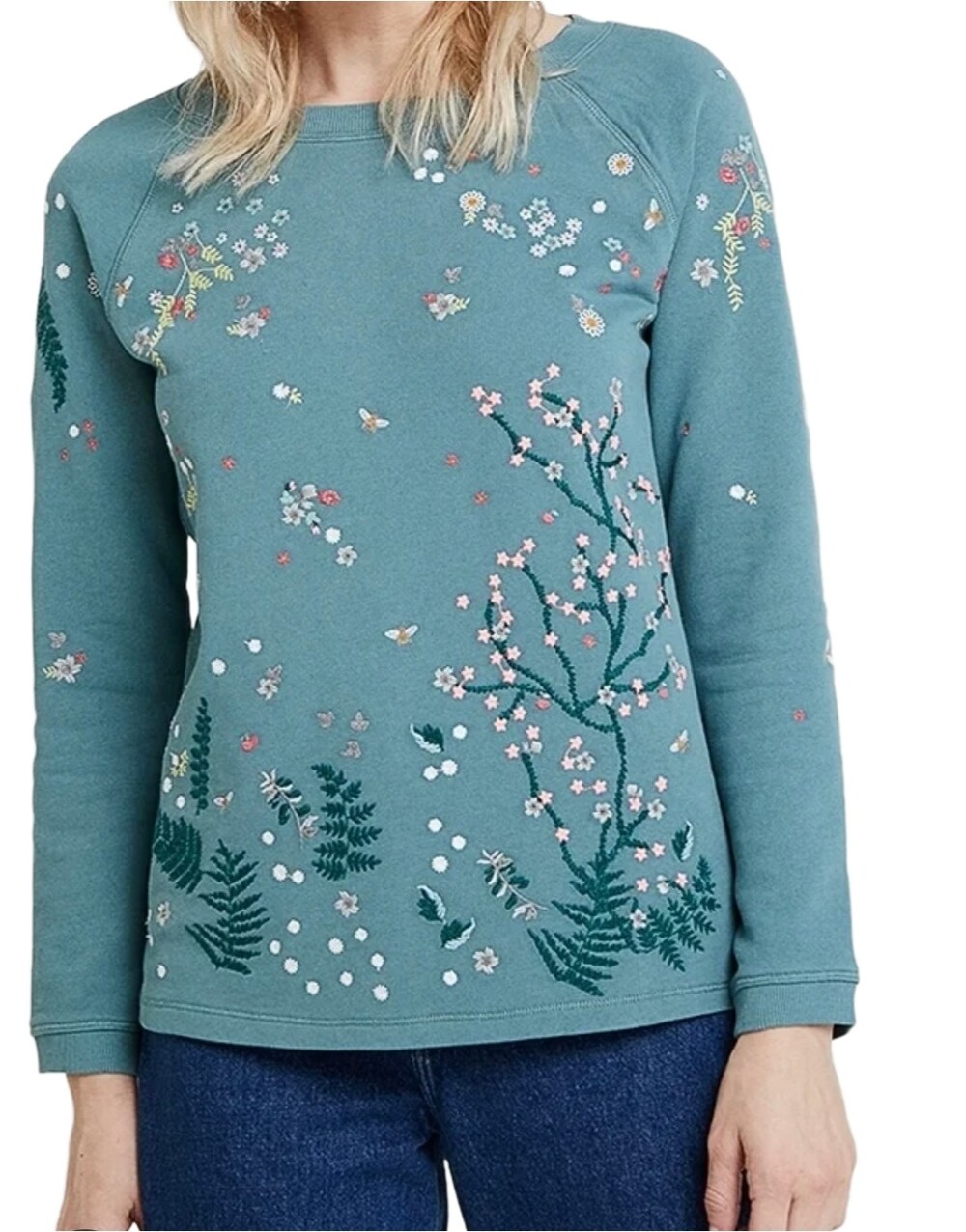 White Stuff Blue Long Sleeve Floral Embroidered Casual Cotton Sweatshirt